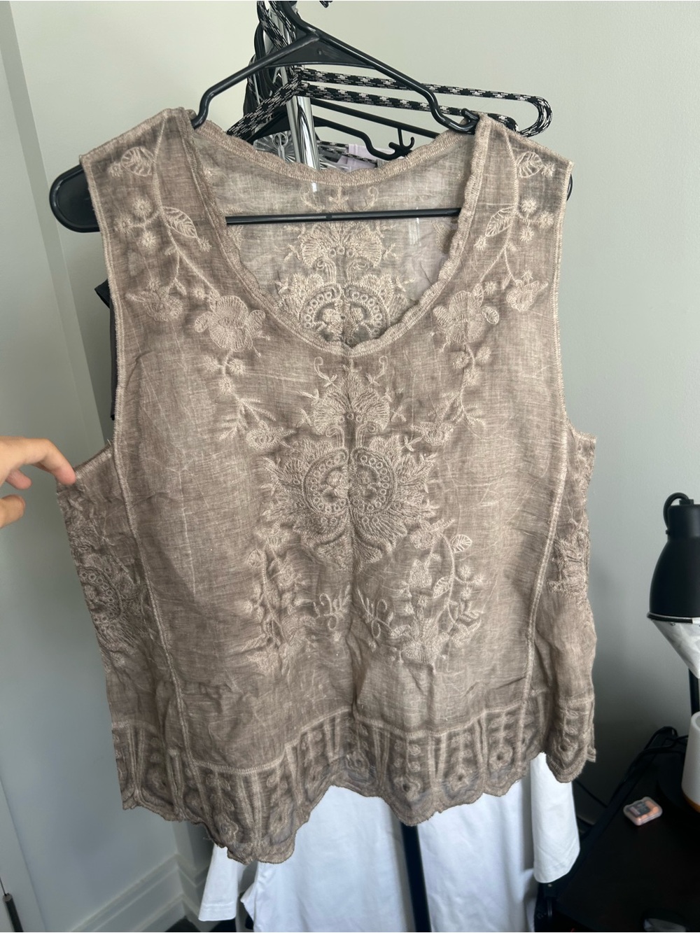 Vintage Embroidered Sleeveless Linen-Blend Sheer Top - Taupe